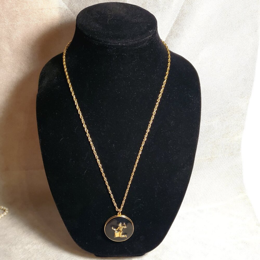 Vintage Long Gold & Black Woman Pendant Necklace